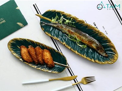 Dĩa gốm cao cấp hình chiếc lá xanh viền vàng CE-DIA-02